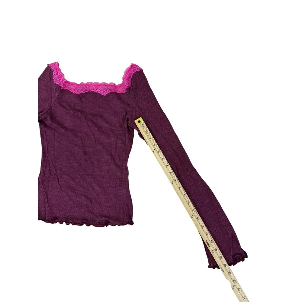 NWT Free People Womens Medium Pink Long Sleeve Layering Top Lace Trim